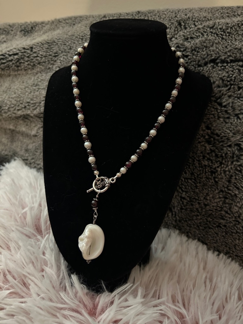 Antique 925 Sterling Silver Garnet + Pearl Lariat Necklace
